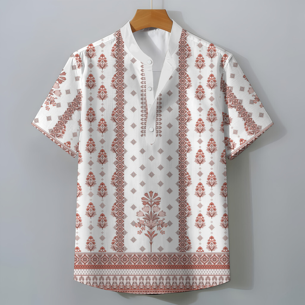 ผู้ชายใหม่Retroแขนสั้นคอปกหลวมสบายผิว 3Dพิมพ์Hryเสื้อลําลองทุกวันTravel Tribalสไตล์รอมฎอนKareem