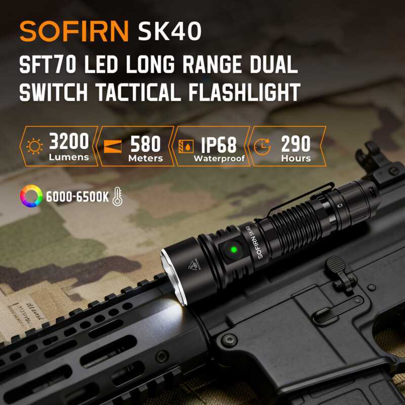 Sofirn SK40 21700 ไฟฉายแบบชาร์จไฟได้ SFT70 LED 3200lm ไฟฉายยุทธวิธีที่มีประสิทธิภาพ 580M Long-Range 