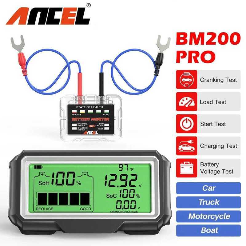 ANCEL BM200 PRO เครื่องทดสอบแบตเตอรี่รถยนต์ 12V LED พร้อมหน้าจอแสดงผลแบบ Head-Up กันน้ำ วิเคราะห์สถา