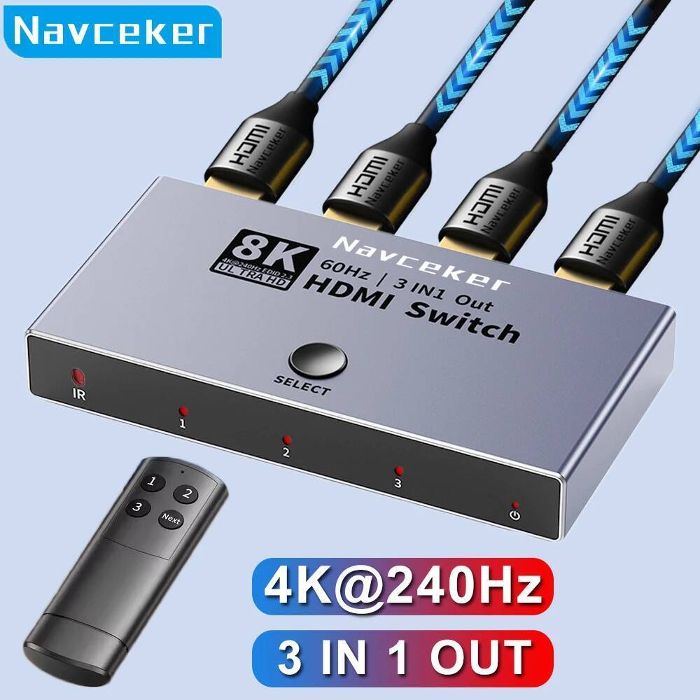 Navceker 8K HDMI 2.1 Switch Splitter 4K 240Hz 3 อินพุต 1 เอาต์พุต 3 พอร์ต HDMI Switcher พร้อมรีโมทสํ