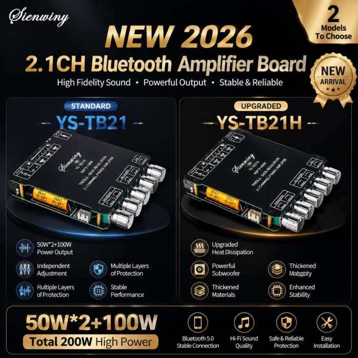 Sienwiny YS-TB21 YS-TB21H 2.1CH Bluetooth Amp Board 50W*2+100W Subwoofer USB APP MIC KTV Bass Trebl