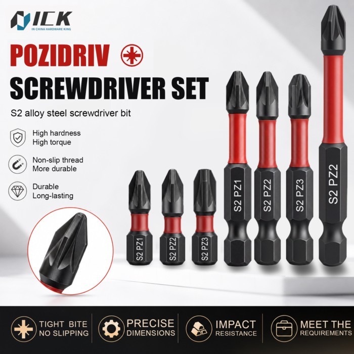 S2 Alloy Steel Pozidriv Screwdriver Bits PZ1 PZ2 PZ3 25mm 50mm 65mm High Hardness Strong Magnetic D