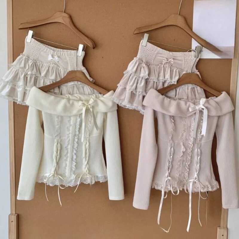 ▥  หวานสดโบว์นักเรียน Preppy สไตล์จัมเปอร์ Ruffles French Minority Slash คอ All-Match Pul