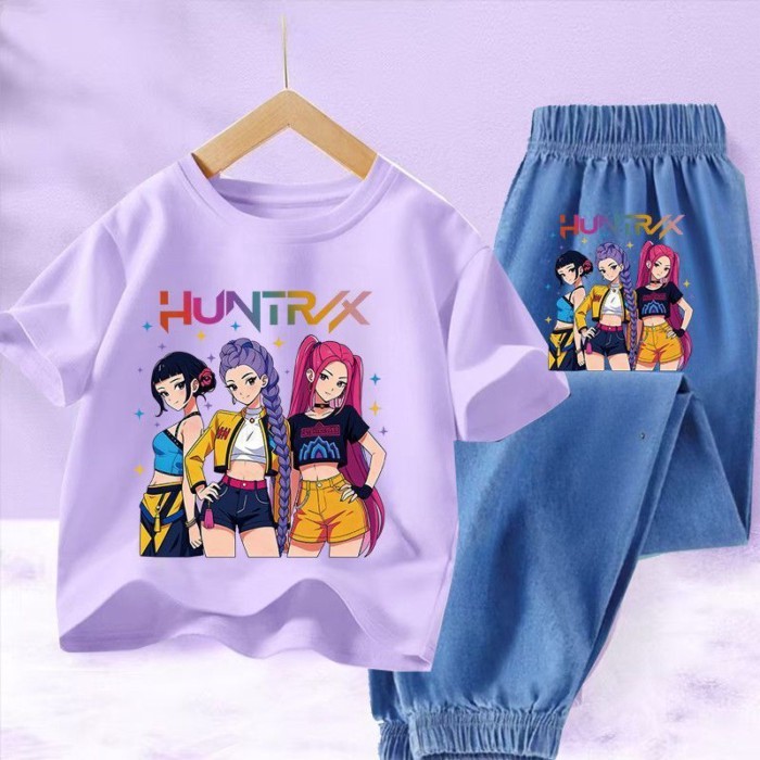 kikio🌼 [เสื้อ + กางเกง] ชุดแขนสั้นเด็กหญิง 2026 ฤดูร้อนใหม่สาวยอดนิยมกางเกงยีนส์เลียนแบบชุดสองชิ้น