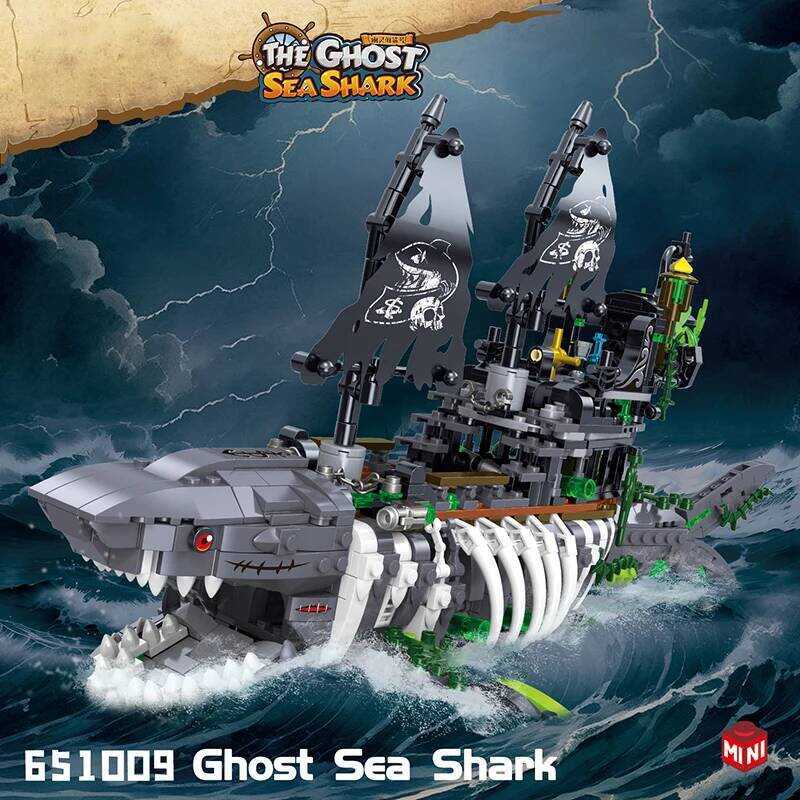 irate Ship Building Blocks Creative Sea Shark Ghost Ship Model Bricks With Light Eduional Toy Gifts