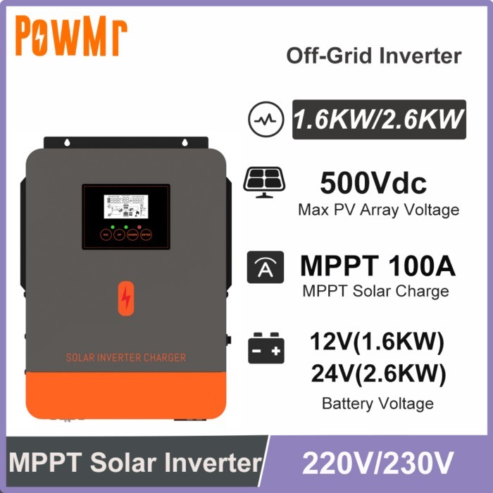 PowMr New 1.6KW 2.6KW Hybrid Solar Inverters 12V 24V DC to 230V AC 100A MPPT Solar Charger Off-Grid