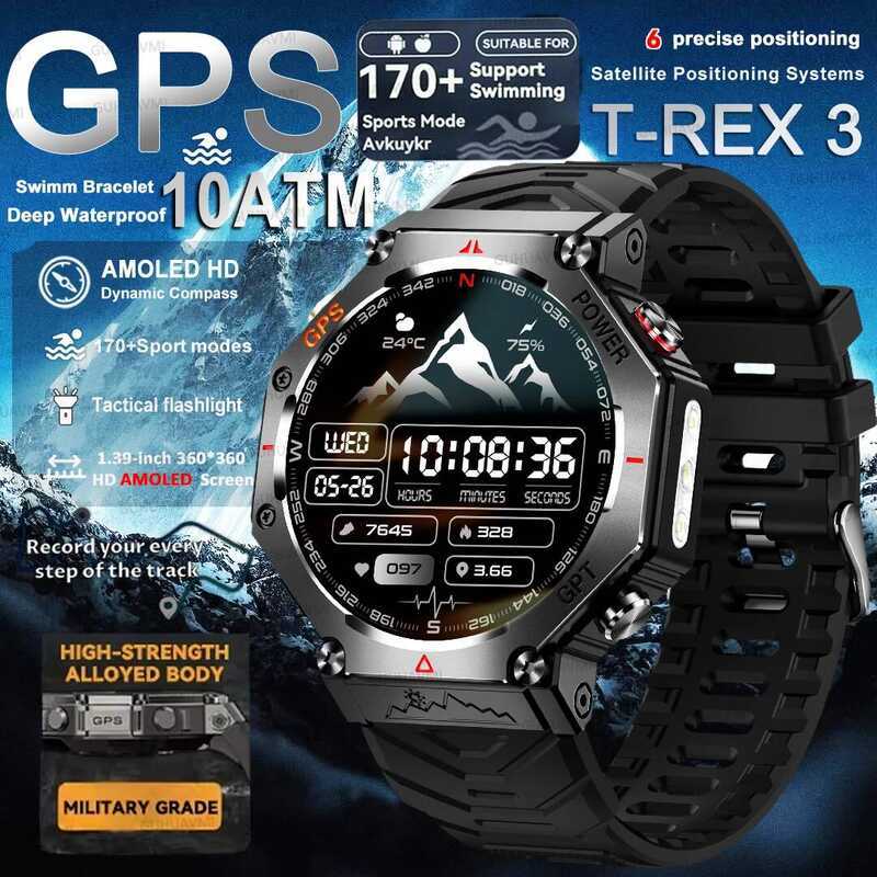 2025 ใหม่ T-Rex 3 Ultra GPS Men 10ATM IP68 กันน้ําในตัว Dl-band GNSS เข็มทิศกีฬาสมาร์ทนาฬิกา