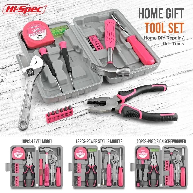 Hi-Spec 18/19/20Pcs Pink DIY Tool Kit With Electric Pen & Cr-V Steel - Home Maintenance Hand Tools S