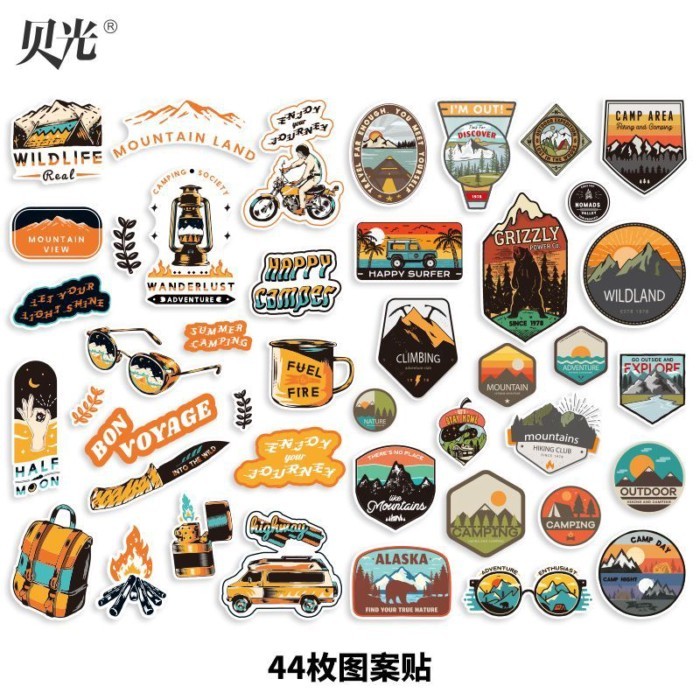 สติกเกอร์รูปลอก 44 ชิ้น Creative Outdoor Camping Elements สติกเกอร์กันน้ําแก้วสติกเกอร์ตกแต่งกระเป๋า