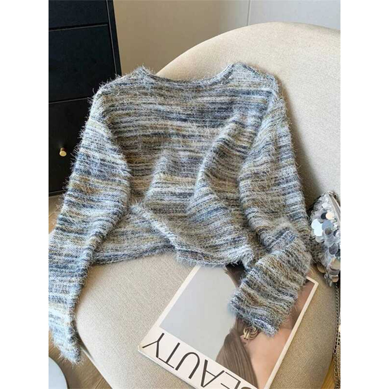 ▥ ผู้หญิงสีกากีลายเสื้อกันหนาวharuku Y2kแขนยาวo-คอถักmohairเสื้อกันหนาวvintage 2000Sเสื้อผ้าฤดู