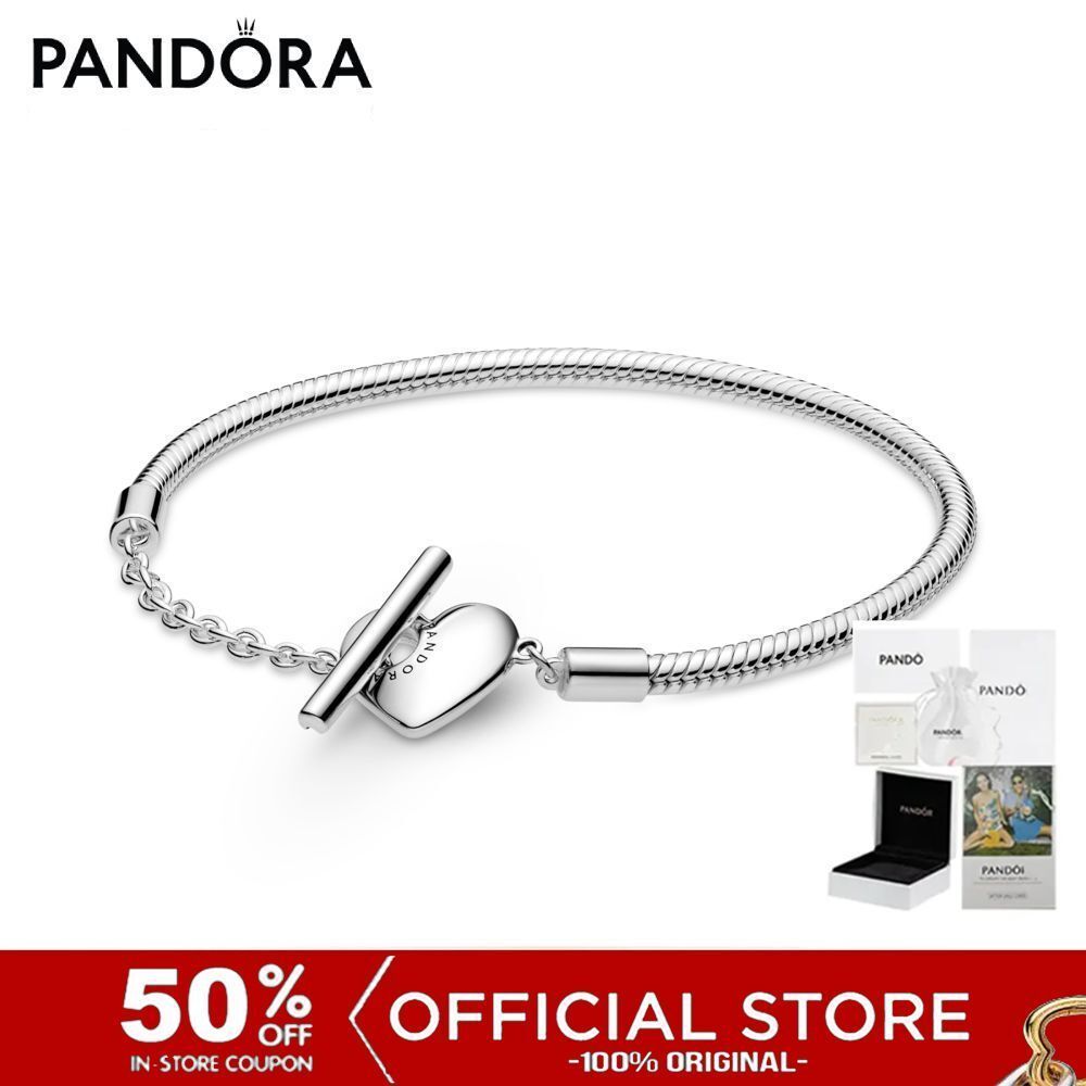 (ของแท้100%) Pandora Moments Heart T-Bar Snake Chain Bracelet สร้อยข้อมือ สร้อยข้อมือแพนดอร่า แพนดอร่า สร้อยข้อมือเงิน