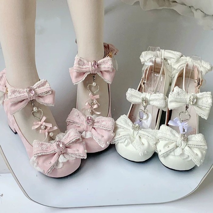 Pink Bow Mary Jane Shoes Dopamine Low Heel Lolita Shoes รองเท้าโลลิต้า