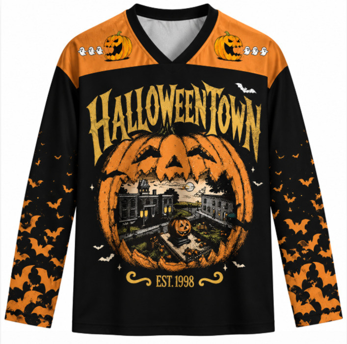 Halloweentown Retro Halloween Pumpkin Town Graphic Long Sleeve Vneck Hockey Shirt, Vintage Witch Mov