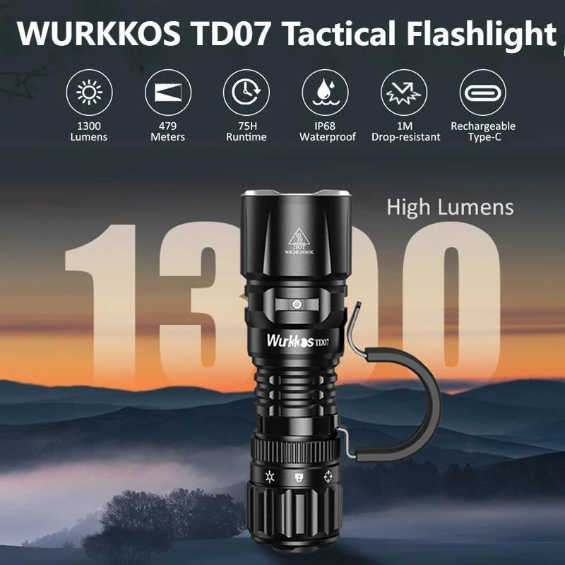 Wurkkos TD07 18350 ไฟฉายยุทธวิธี 1300LM 479M Long Range โคมไฟแบบชาร์จไฟได้ IP68 ไฟฉายขนาดเล็กพร้อมแห