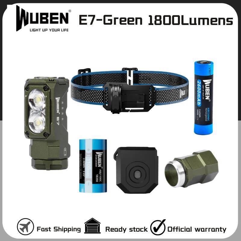 WUBEN E7 ไฟหน้าชาร์จไฟได้ 1800 ลูเมน พร้อมแบตเตอรี่ 26650 - สีเขียว