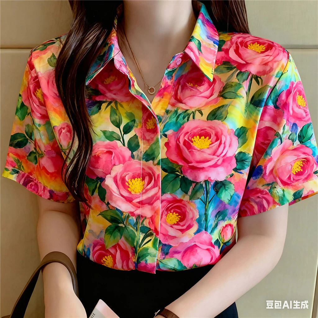 เสื้อผู้หญิง เสื้อท็อปแขนสั้นลายดอกไม้ สไตล์ฮาวาย ไซส์ใหญ่