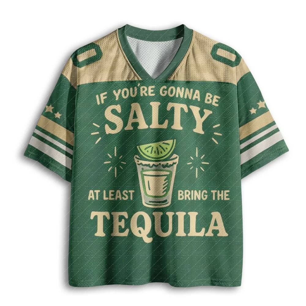 V คอตาข่ายฟุตบอล Jersey ตลก Tequila Lime Shot แก้วสโลแกนพิมพ์สีเขียว Beige สีขาวลายแขนหลวมกีฬา Tee