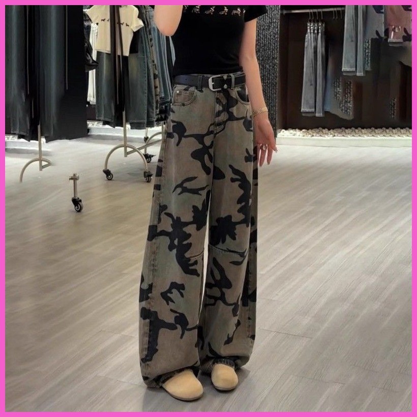 กางเกงยีนส์ลายพรางสไตล์ยุโรป ขาตรง เอวสูง 2025 ลายล้างและวาด สไตล์ญี่ปุ่นน่ารัก ทรงหลวมกระชับสัดส่วน - รูปที่ 7