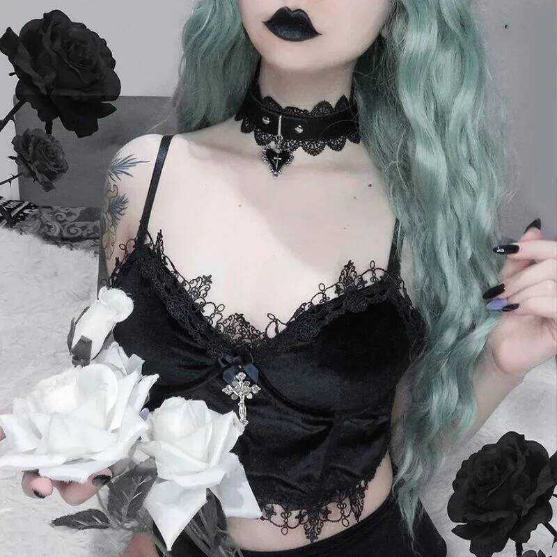 ▥ กํามะหยี่y2k Mall Goth Crop Topsลูกไม้สีดําtrim Emoทางเลือกความงามcrop Topsผู้หญิงbacklessเซ็