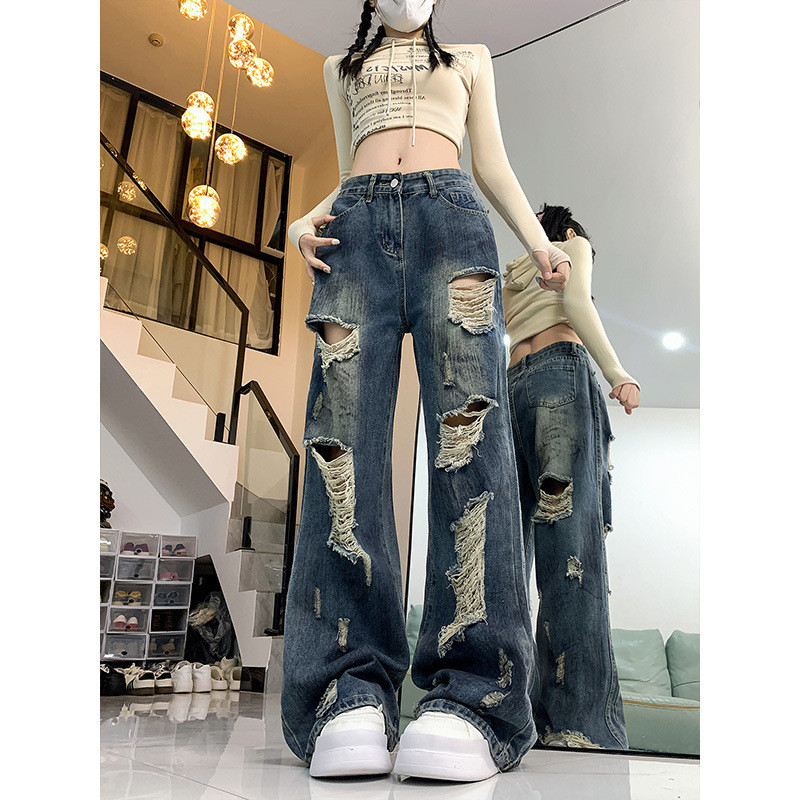 Ripped Lazy Ripped Loose Jeans Womens High Street Loose Unique Wide-Leg