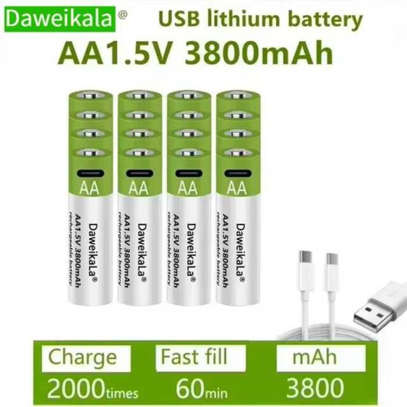 แบตเตอรี่ลิเธียมแบบชาร์จได้ Daweikala 1.5V AA 3800mAh แบบ Type-C สำหรับกล้องล่าสัตว์ รีโมทคอนโทรล เม