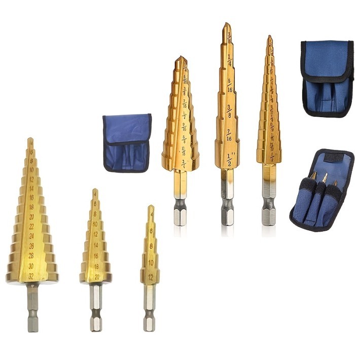 Step Drill Bit Set - Titanium Coated High Speed Steel Drill Cone Bits for Sheet Metal Hole Drilling