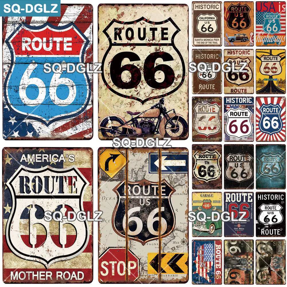 Route 66 Vintage ป้ายโลหะดีบุกป้ายโล่ Retro Garage Wall Decor สําหรับบาร์ตกแต่ง Club Man Cave สถานีแ