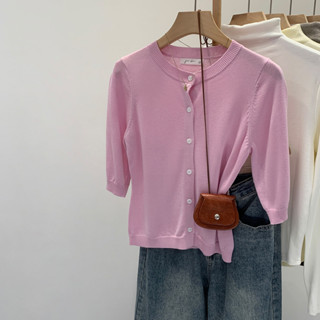 94718 ลีโอเซลล์ เส้นใย เสื้อคาร์ดิแกนผ้าถักเข้ารูปคอกลม