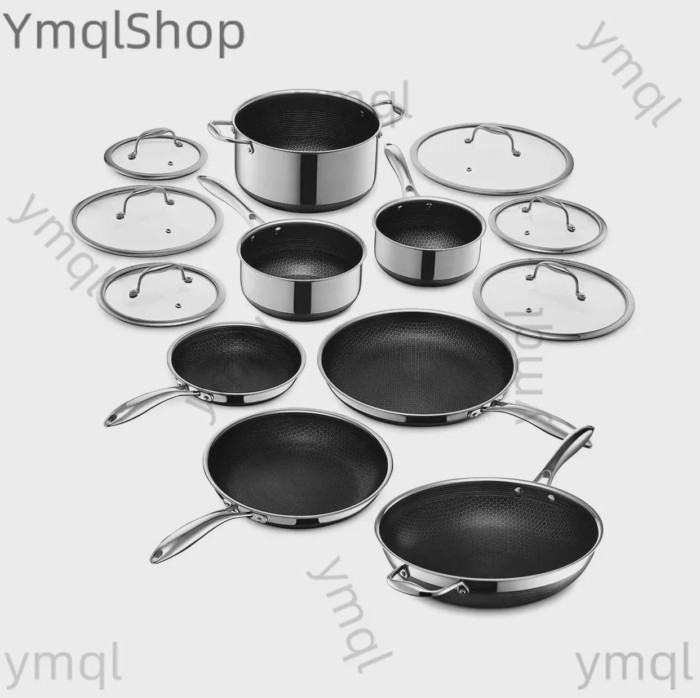 Hybrid Cookware Set w/ Lids Stainless Steel Wok Kitchenware 3-ply Stainless Steel Honeycomb Non Sti