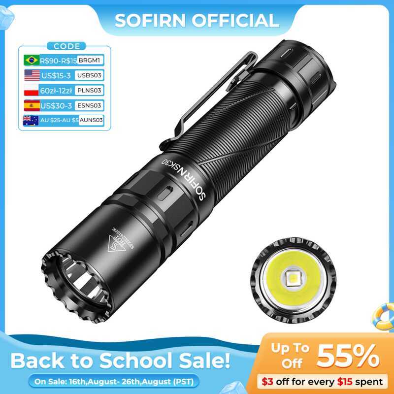 SOFIRN SK30 3000LM ไฟฉายยุทธวิธี 6000K SFT70 ไฟ LED 21700 USB C ชาร์จ EDC ไฟฉายพร้อมสวิตช์คู่