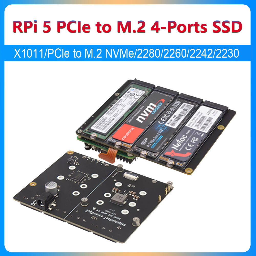 Raspberry Pi 5 X1011 PCIe ถึง 4 พอร์ต M.2 NVMe SSD หมวก ASM1184e 2230 2242 2260 2280 ด้านล่าง DC Pow