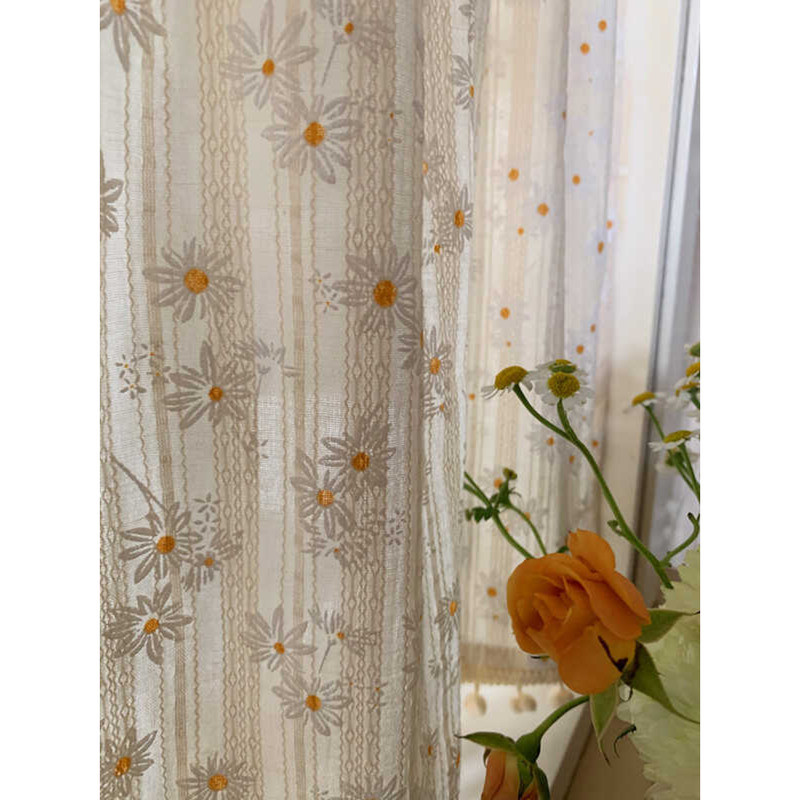 BH0D ผ้าม่านสั้นสไตล์เกาหลีฝรั่งเศส Daisy ดอกไม้ ผลิตจากผ้าฝ้ายและลินิน โปร่งแสง ทนทาน ไม่มีการเจาะV