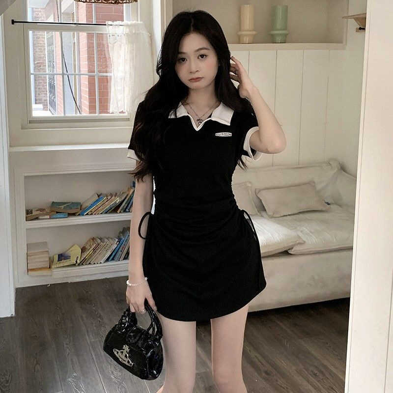 ไขมัน M ฝรั่งเศส Preppy สไตล์ pl คอปกสะโพกชุดหญิงฤดูร้อน 2 0 3 ปี Slimmer ดูขนาดเล็กสั้น