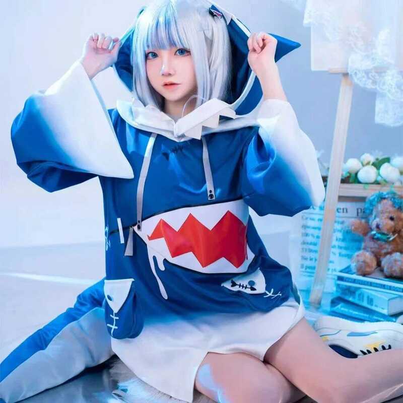 tuele Anchorman Gawr Gura Cosplay Pruik Set Meisje Schattige Haai Kostuum Carnaval Feest Verkleedge