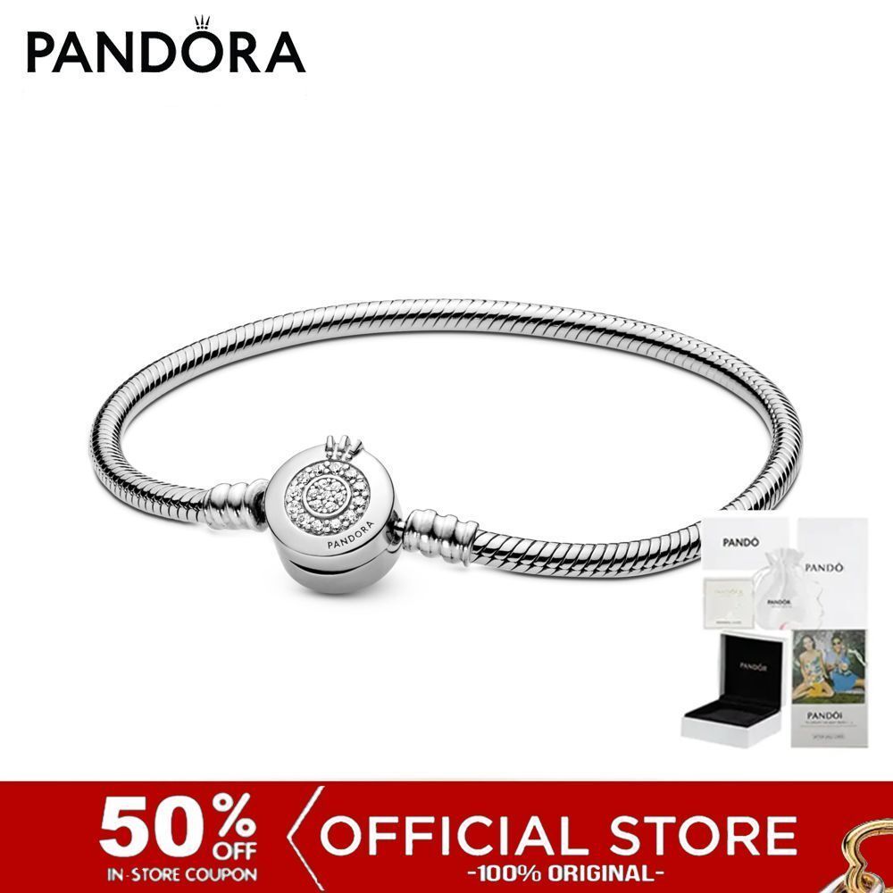 (ของแท้100%) Pandora Sliver Sparkling Crown O Snake Chain Bracelet เครื่องประดับ สร้อยข้อมือ สีเงิน สร้อยข้อมือสีเงิน
