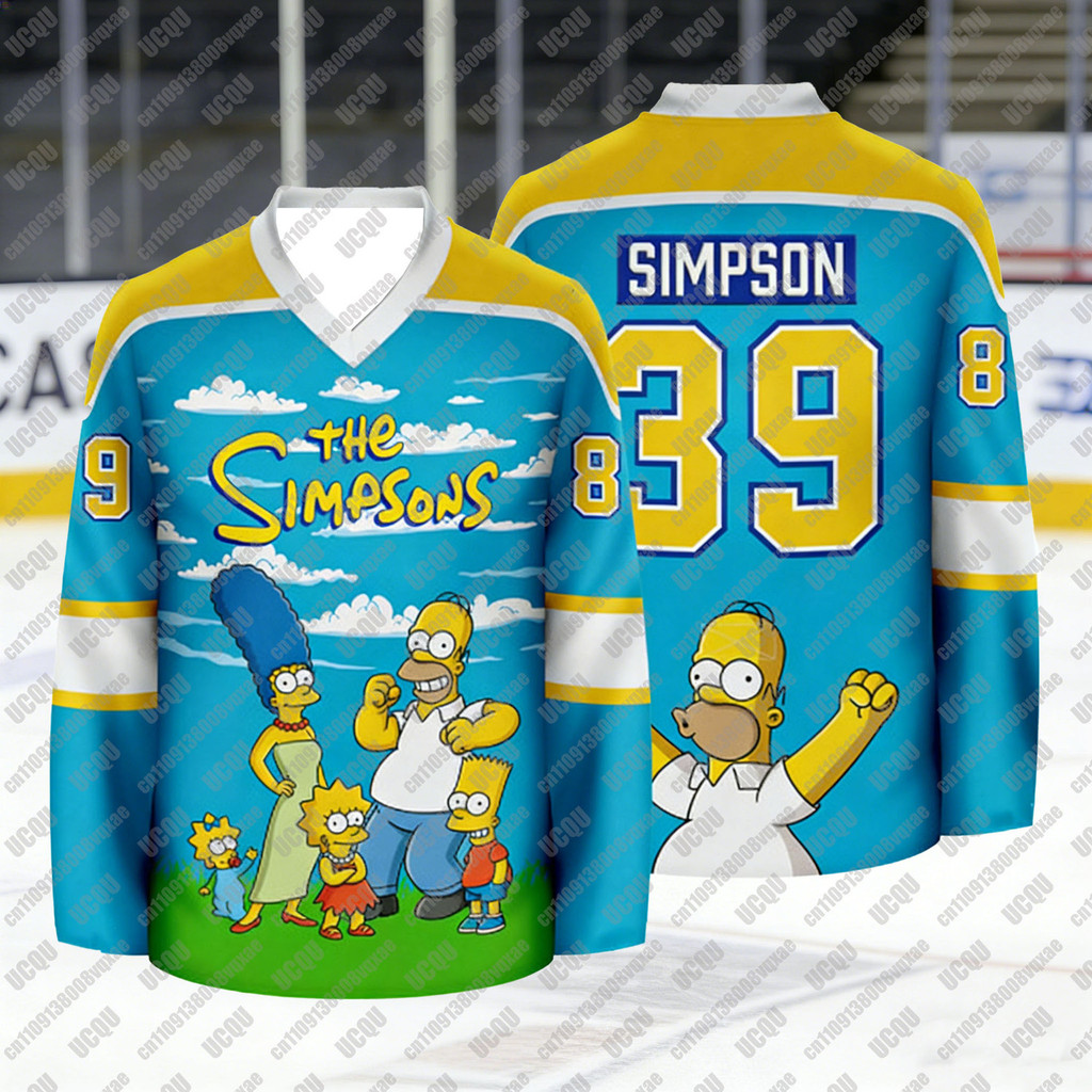 2026 ธีม Simpsons พิมพ์ Unisex Hockey เสื้อยืดแขนยาว V คอ Ice Hockey เสื้อกีฬาลําลองด้านบน