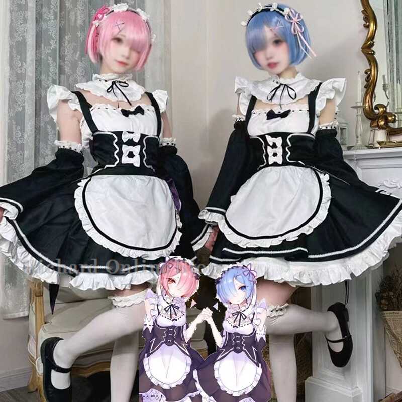 W Ram Rem Lolita Maid Cosplay Costumes Wig Pecula Vestido Anime Re: Kara Hajimeru Isekai Seikatsu C