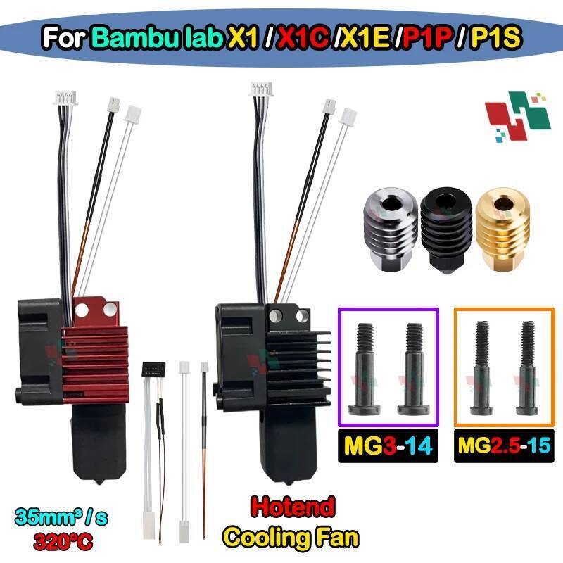 TA Bambu Lab X1/X1C/P1P/P1S โลหะ Hotend พร้อมพัดลมระบายความร้อนทองเหลืองทองแดง 0.2/0.4/0.6/0.8 มม.หั