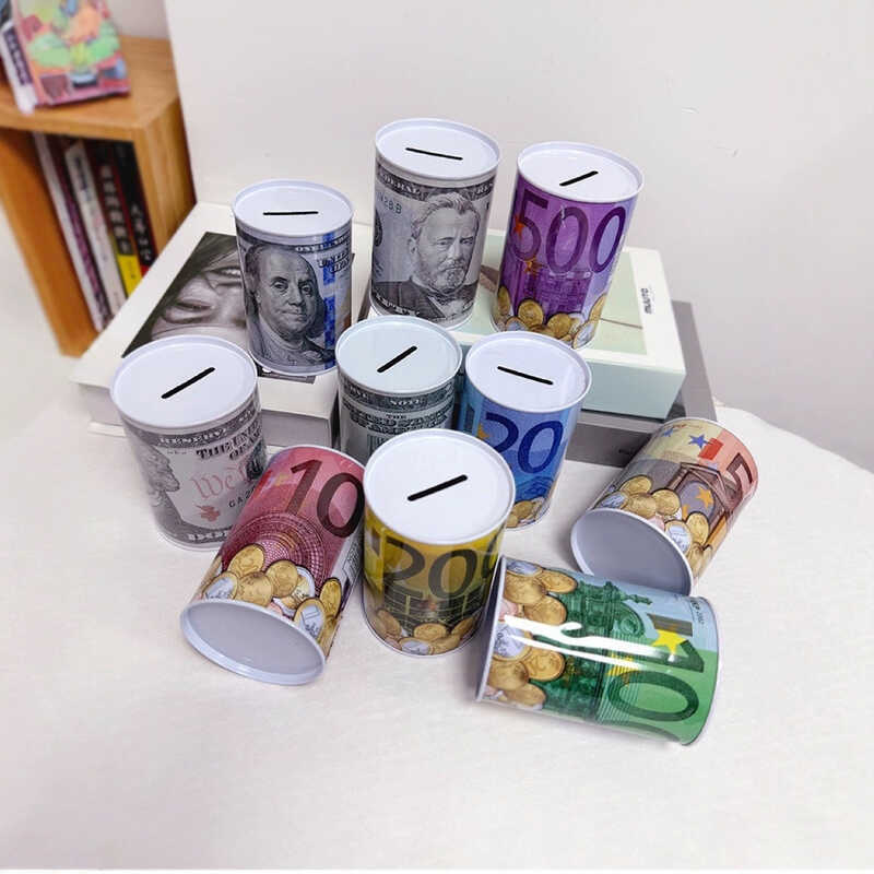 ของขวัญ Toy Euro Piggy Bank Tinplate Piggy Bank เฉพาะเปลี่ยนกระปุกออมสินรอบ Dollar