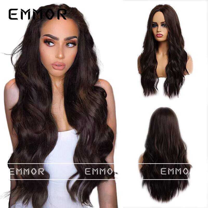 1688 Yiwu City Blue Shore Wig Co., Ltd. Full Headgear Middle Point Black Brown Big Wave 24 นิ้ว Matt