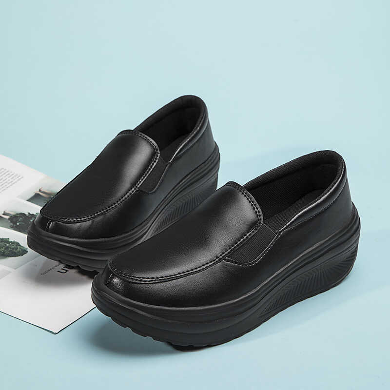 Genuine Leather Soft Outsole Work Female Black Swing Shoes Woman Plus Size Wedges Single Shoes2022