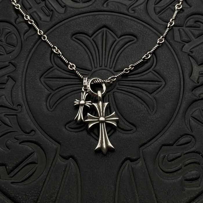 Chrome Hearts CH Chrome Hearts Retro S925 ป้ายเงินสร้อยคอ Double Cross Handmade Twist Ball สร้อยคอมุ