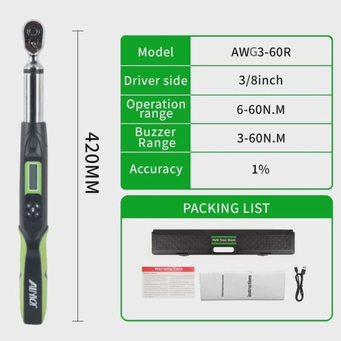 ALIYIQI 60N.m 3/8 Digital Torque Wrench AWG3-60R Bidirectional Ratchet Head 36 Teeth Connect To Com