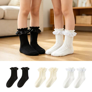 【ส่งไว】🚚 ถุงเท้าลูกไม้เด็กผู้หญิง 4 คู่ โบว์หวาน ผ้านุ่ม ระบายอากาศ ใส่ได้ทุกวัน 1-12 ปี