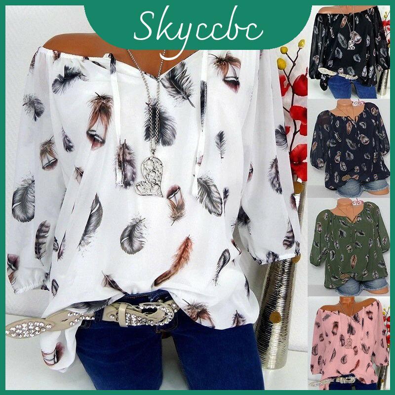 ผู้หญิงสไตล์ Boho V คอ Feather พิมพ์เสื้อหลวม Fit ความพยายามสําหรับ Comfort