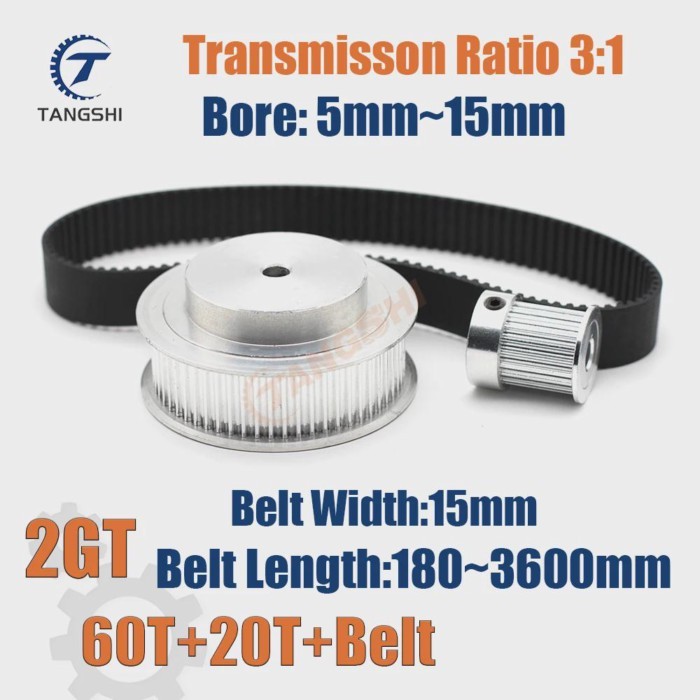 2GT 60 Teeth 20 Teeth Timing Pulley Kit 1:3 Reduction Ratio Width 15mm Tensioning Wheel Synchronous