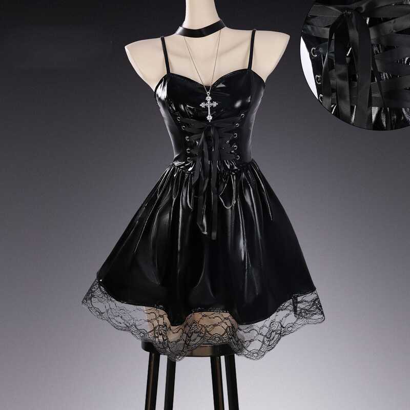 W Women Dark Gothic Anime Cosplay Dress Black PU Lace Trim Spaghetti Strap Halloween Party Outfit M