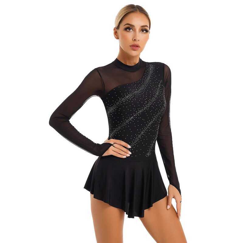 ▥ Womens Figure Ice Skating Dress Gymnastics Leotard Tutu Dancewear Rhinestone Long Sleeve Mesh