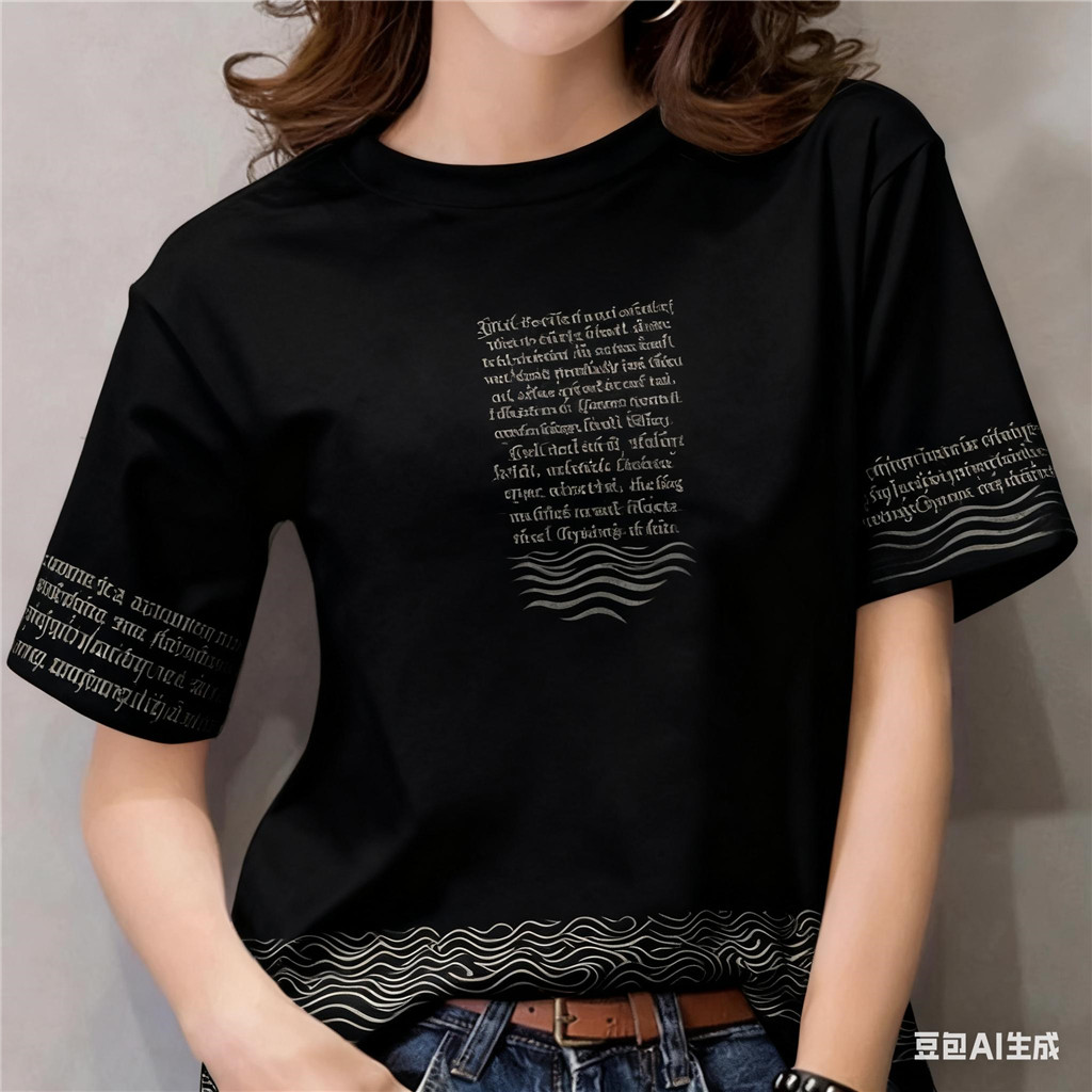 เสื้อยืดผู้หญิงสีดำแขนสั้นลายดอกบัว ระบายอากาศดี สวมใส่สบาย