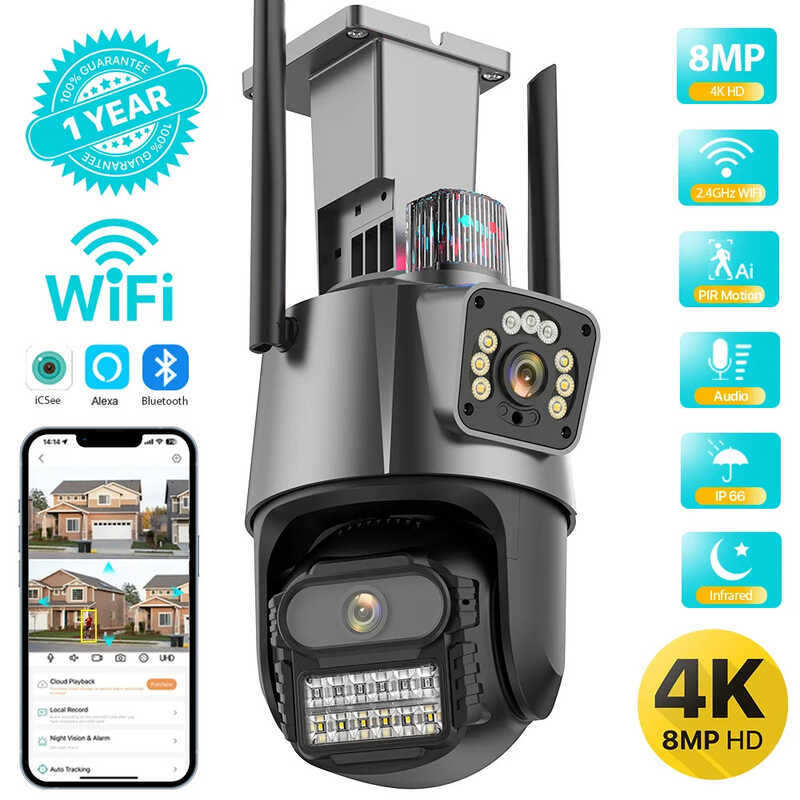 P11 กลางแจ้ง Wifi กล้องหน้าจอคู่ 4K 8MP HD เลนส์คู่ AI การติดตามอัตโนมัติการเฝ้าระวังนาฬิกาปลุก